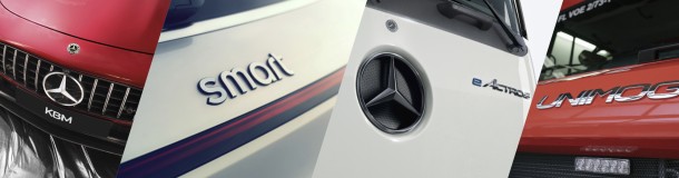 Bild, das in vier Teile unterteilt ist, wobei jeweils eine Marke abgebildet ist: ganz links Mercedes-Benz/ KBM PKW, im zweiten Bild das Smart-Logo, im dritten Mercedes-Benz eActros und im letzten Abschnitt der Unimog.